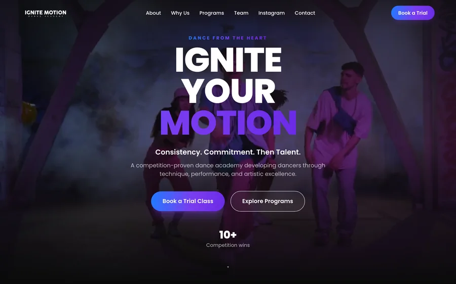 Tampilan website Ignite Motion